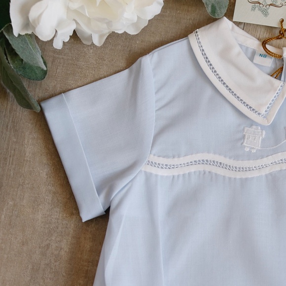 Blue Train Creeper Feltman Brothers Heirloom Romper Newborn 1st Portraits NWT - Picture 4 of 6